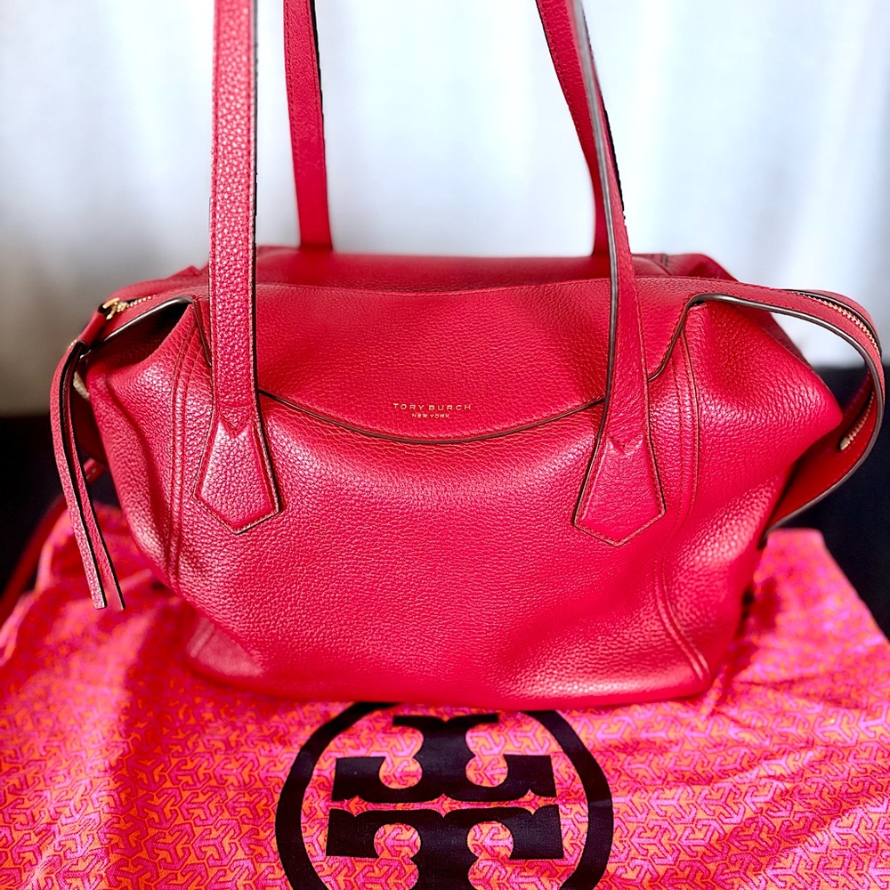 Tory Burch Perry Red pebbled Leather satchel convertible Tote